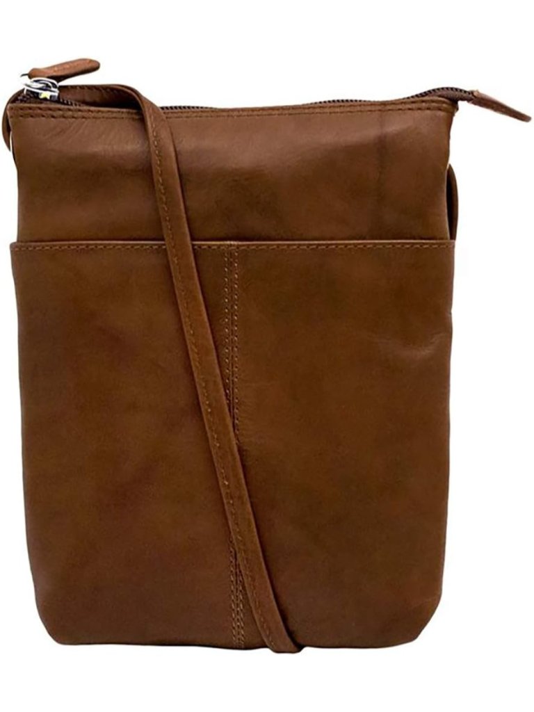 Women's Coffee Leather Front Open Pocket Back Zip Adjustable Strap Crossbody Bag